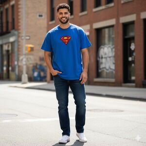 Vintage Warner Bros Superman Logo Tee Mens XL Blue DC Comics Superhero Geek Chic